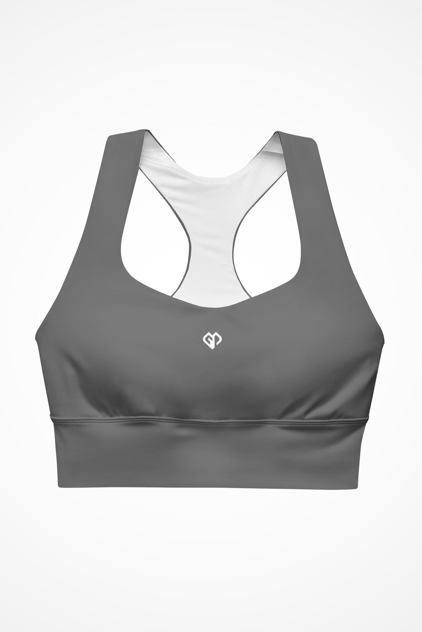 Womens dark grey longline sports bra with Gymplode icon logo, front view