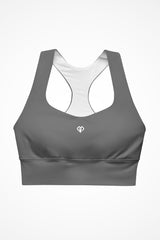 Womens dark grey longline sports bra with Gymplode icon logo, front view