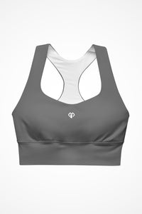 Womens dark grey longline sports bra with Gymplode icon logo, front view