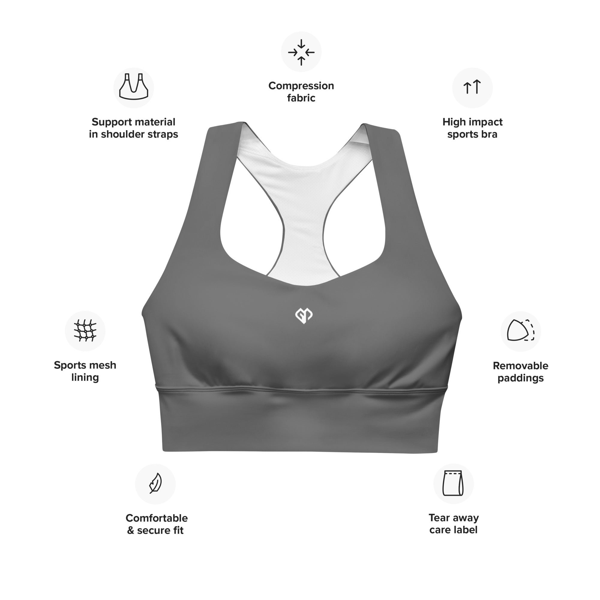 Womens dark grey Gymplode longline sports bra key features