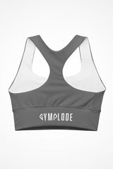 Womens dark grey longline sports bra with Gymplode signature logo, back view