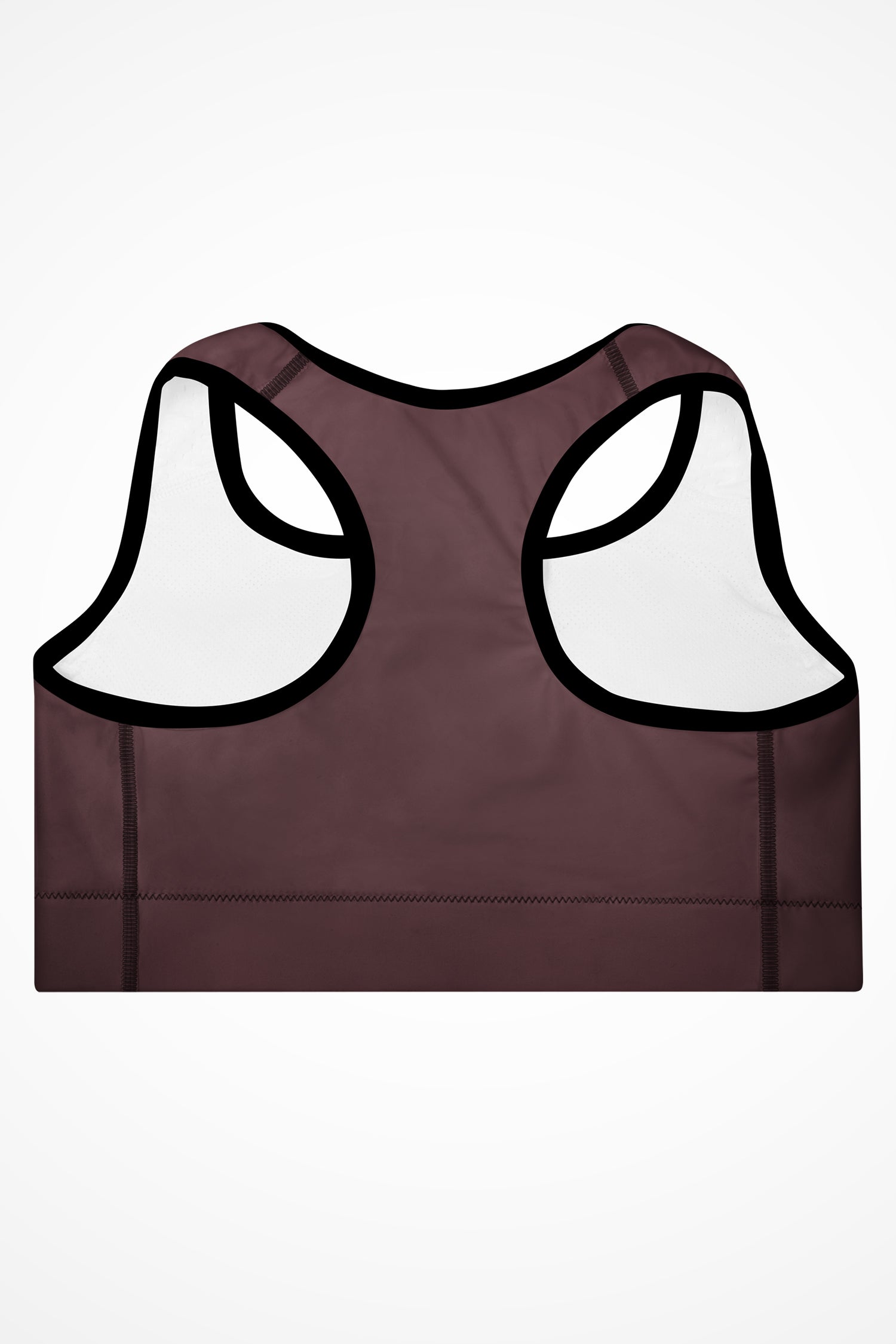 Womens deep crimson with black stitch Gymplode padded sports bra with no print, back view