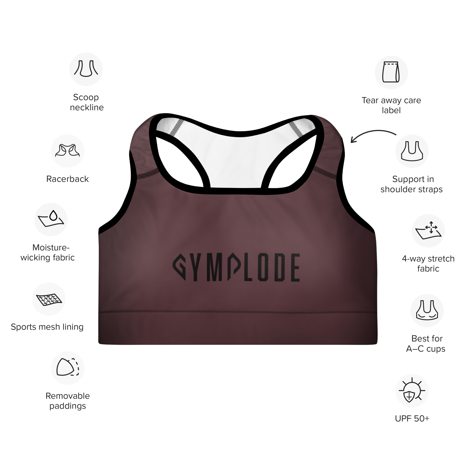 Womens deep crimson with black stitch Gymplode padded sports bra key features