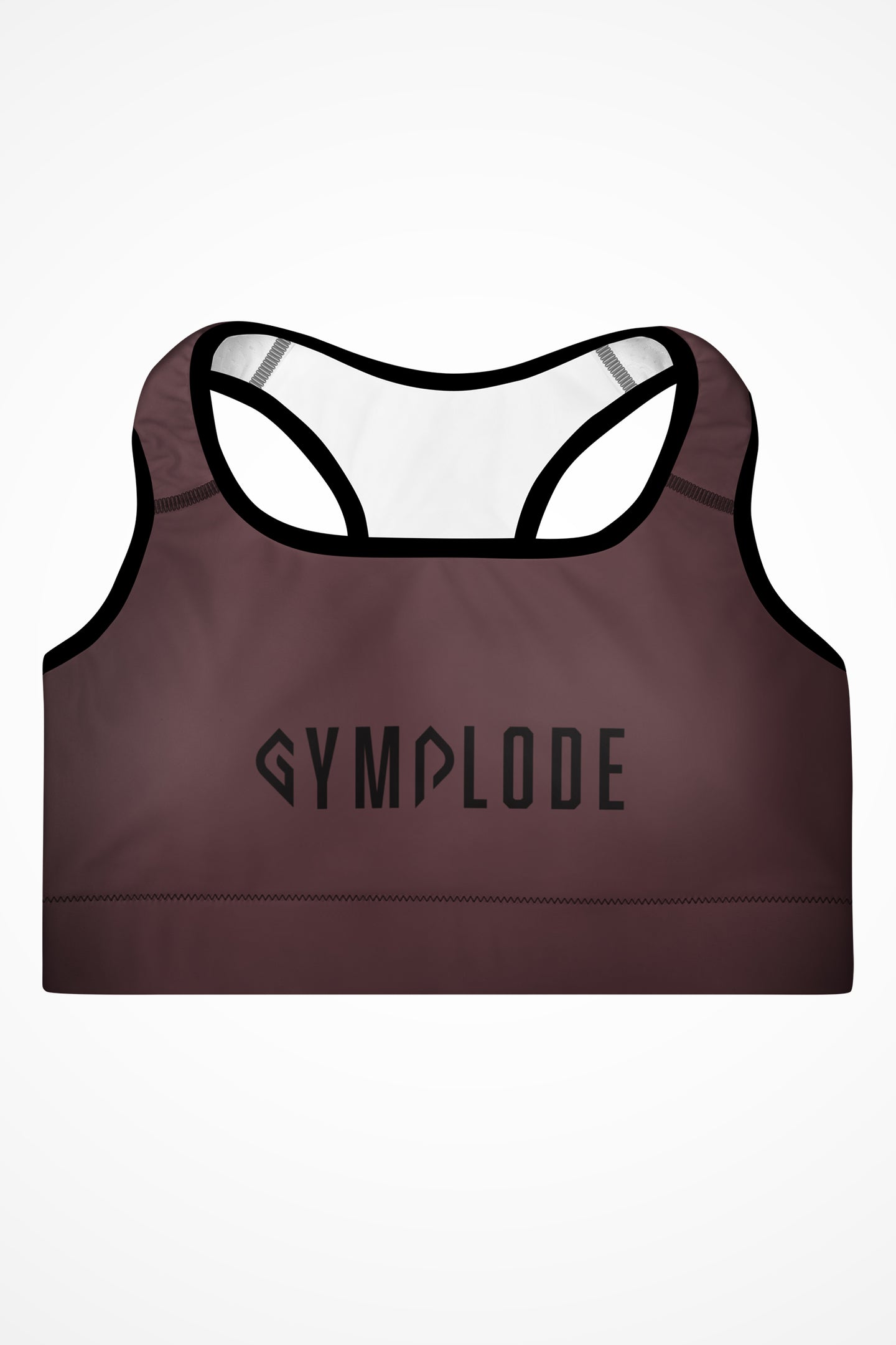 Womens deep crimson with black stitch Gymplode padded sports bra with signature logo, front view