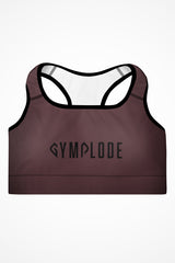 Womens deep crimson with black stitch Gymplode padded sports bra with signature logo, front view