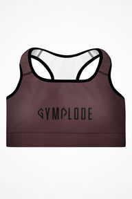 Womens deep crimson with black stitch Gymplode padded sports bra with signature logo, front view