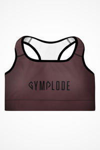 Womens deep crimson with black stitch Gymplode padded sports bra with signature logo, front view