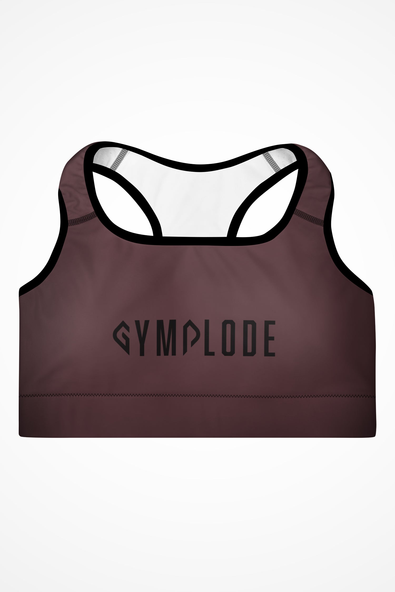 Womens deep crimson with black stitch Gymplode padded sports bra with signature logo, front view