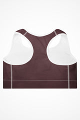 Womens deep crimson with white stitch Gymplode padded sports bra with no print, back view