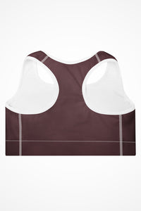 Womens deep crimson with white stitch Gymplode padded sports bra with no print, back view