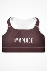Womens deep crimson with white stitch Gymplode padded sports bra with signature logo, front view