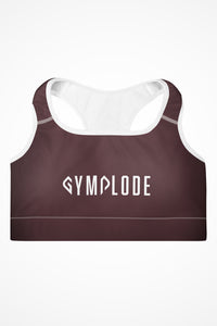 Womens deep crimson with white stitch Gymplode padded sports bra with signature logo, front view