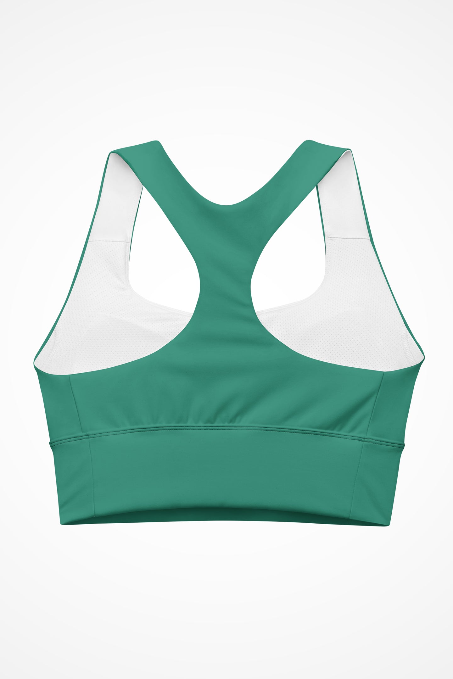 Womens elf green Gymplode longline sports bra with no print, back view