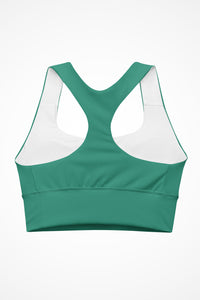 Womens elf green Gymplode longline sports bra with no print, back view