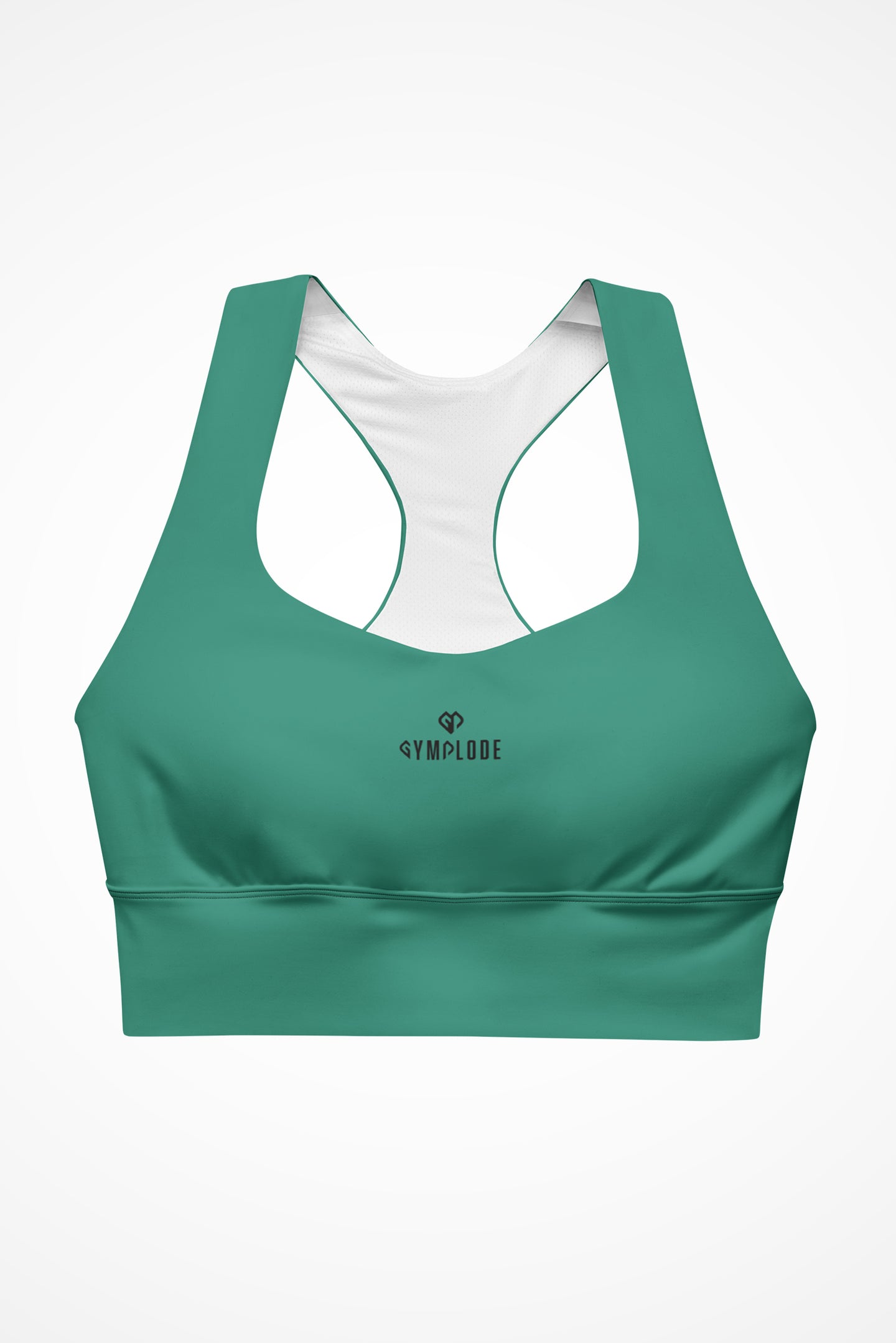 Womens elf green longline sports bra with Gymplode dual mark logo, front view