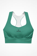 Womens elf green longline sports bra with Gymplode dual mark logo, front view