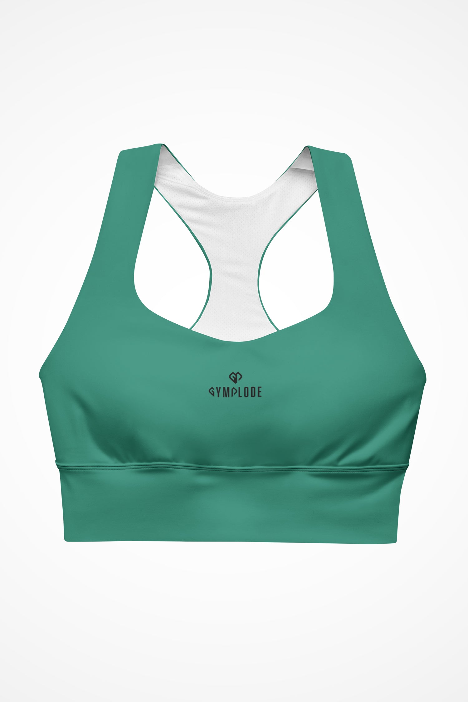 Womens elf green longline sports bra with Gymplode dual mark logo, front view