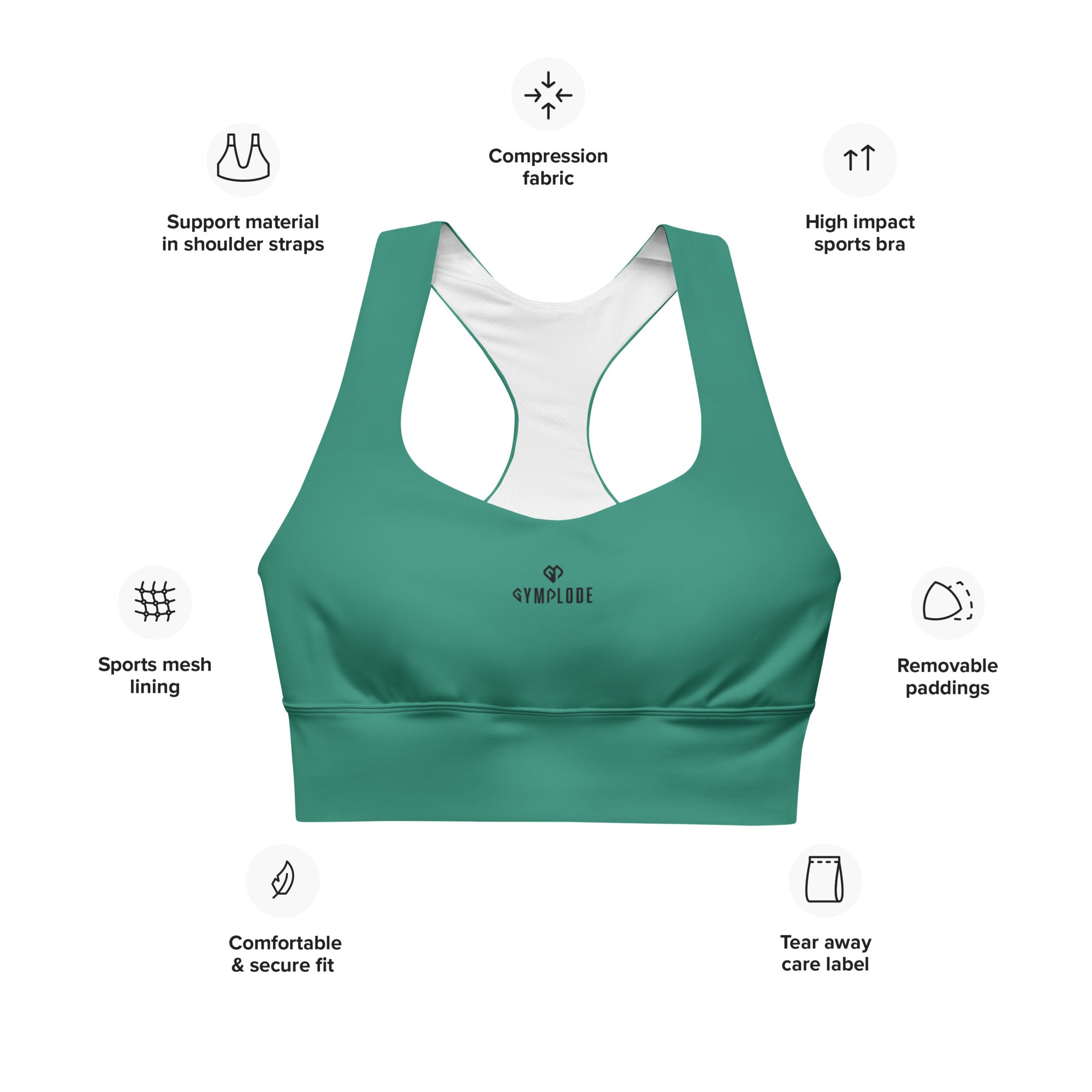 Womens elf green Gymplode longline sports bra key features