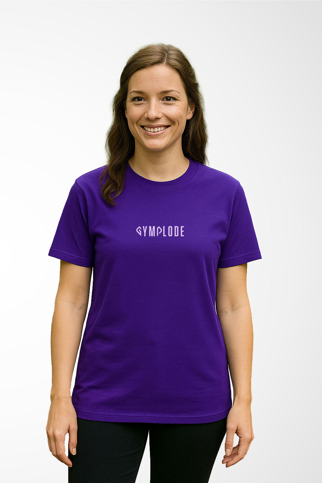 Womens everyday t-shirt with Gymplode signature logo, front view with model