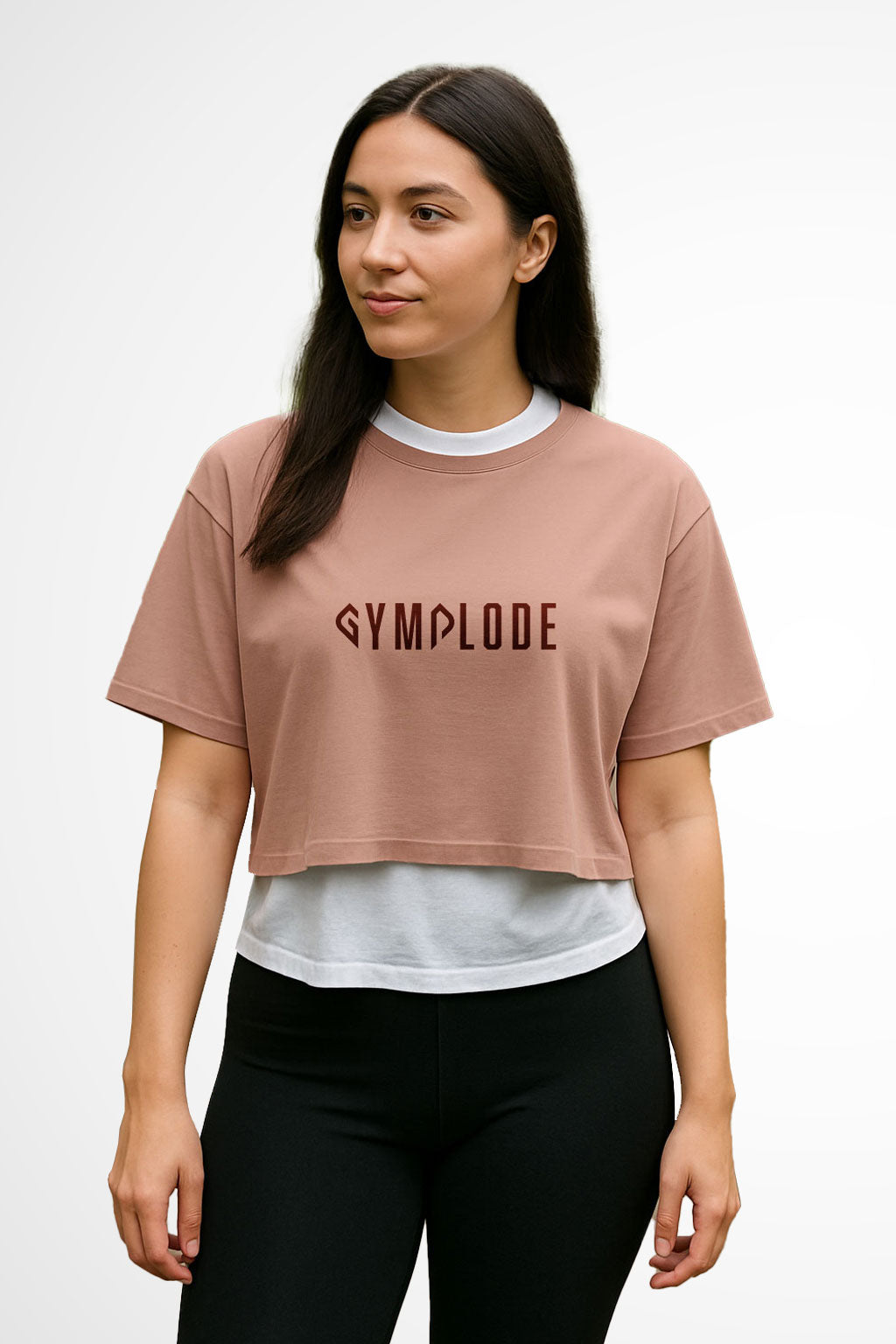 Womens Everyday relaxed fit Gymplode chillout crop top with signature logo, front view with model
