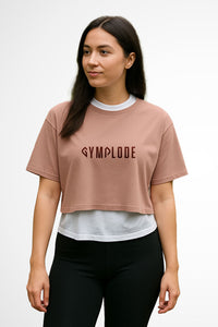 Womens Everyday relaxed fit Gymplode chillout crop top with signature logo, front view with model