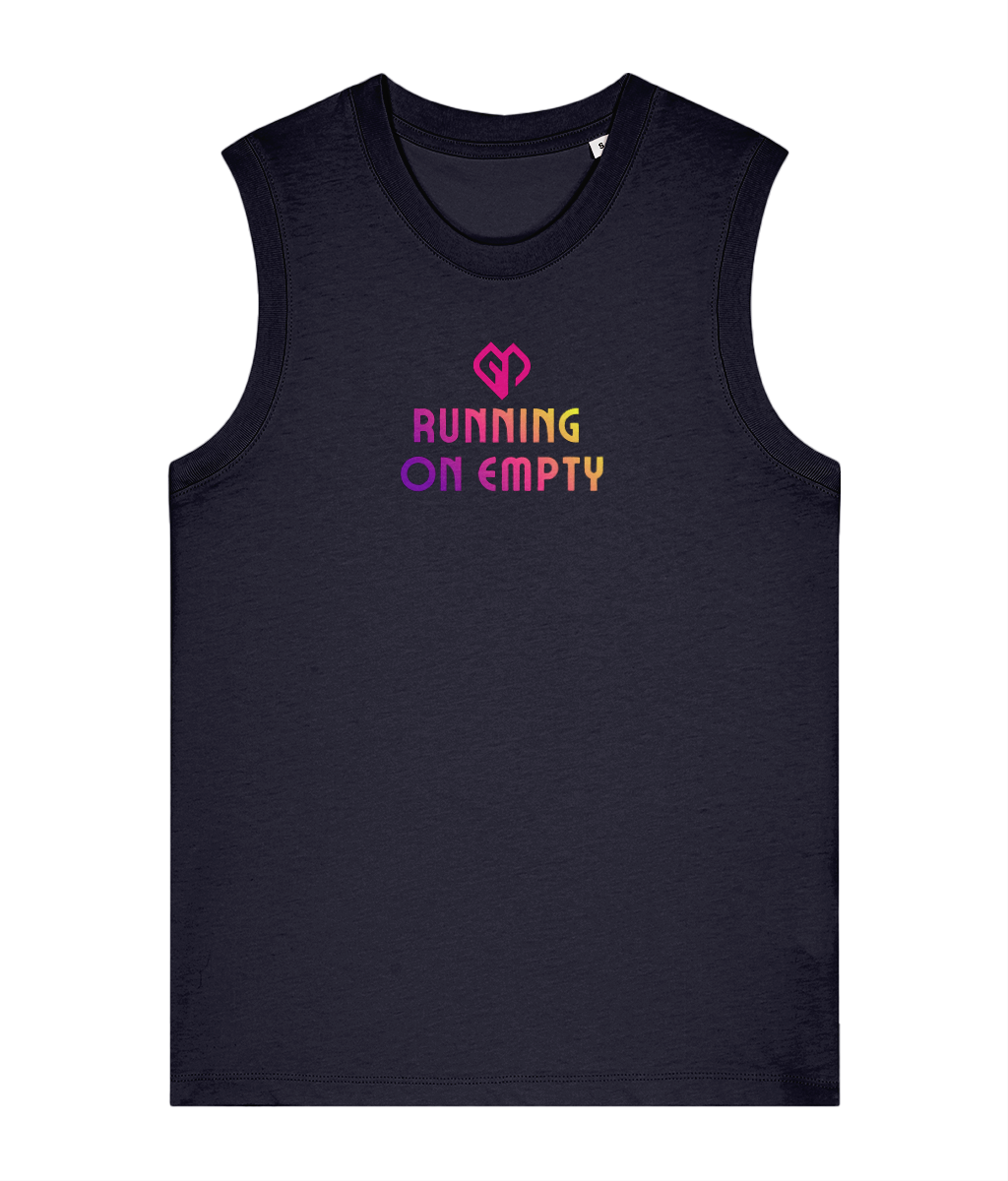 Womens french navy Running on Empty comfort fit tank top with Gymplode icon logo