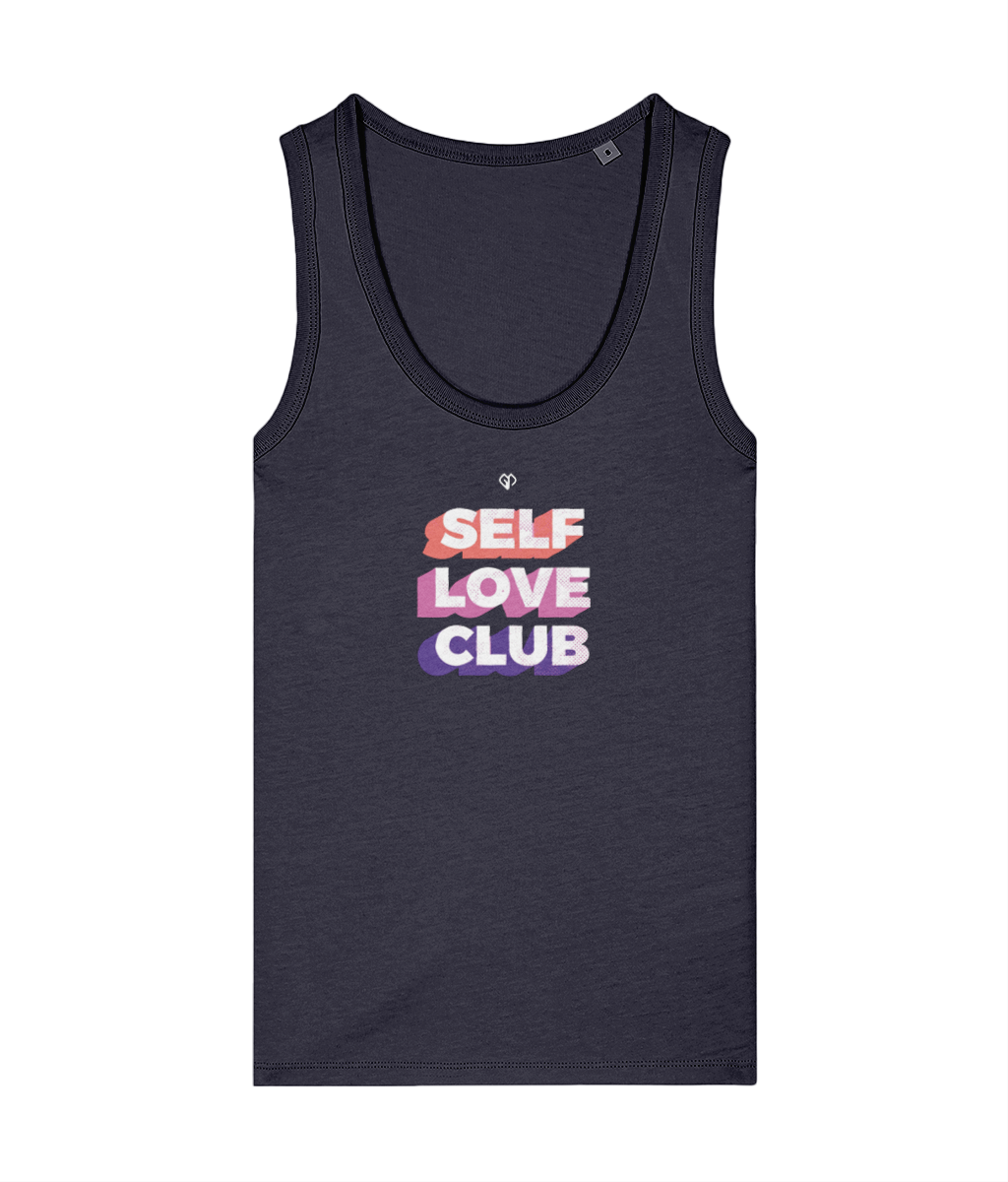 Womens french navy Self Love Club girlie fit tank top with Gymplode icon logo