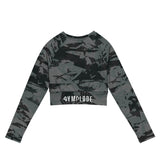 Womens Ashen long sleeve sports crop top with Gymplode sig logo, back view