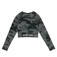 Womens Ashen long sleeve sports crop top with Gymplode sig logo, back view