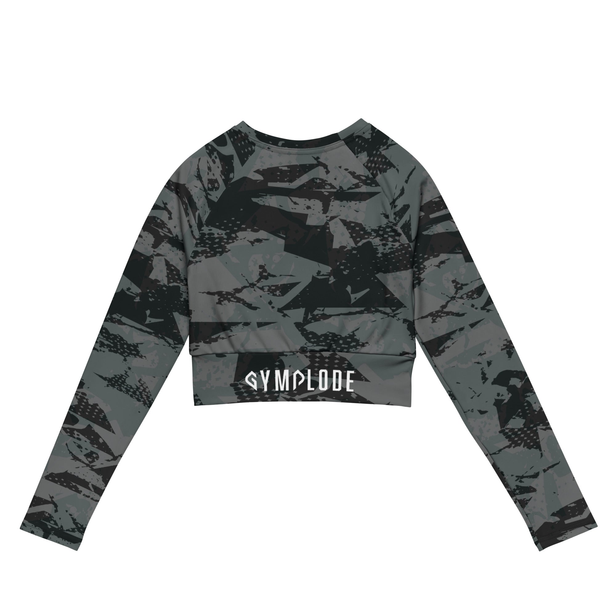 Womens Ashen long sleeve sports crop top with Gymplode sig logo, back view