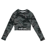 Womens Ashen long sleeve sports crop top with Gymplode sig logo, front view