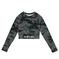 Womens Ashen long sleeve sports crop top with Gymplode sig logo, front view