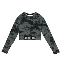 Womens Ashen long sleeve sports crop top with Gymplode sig logo, front view