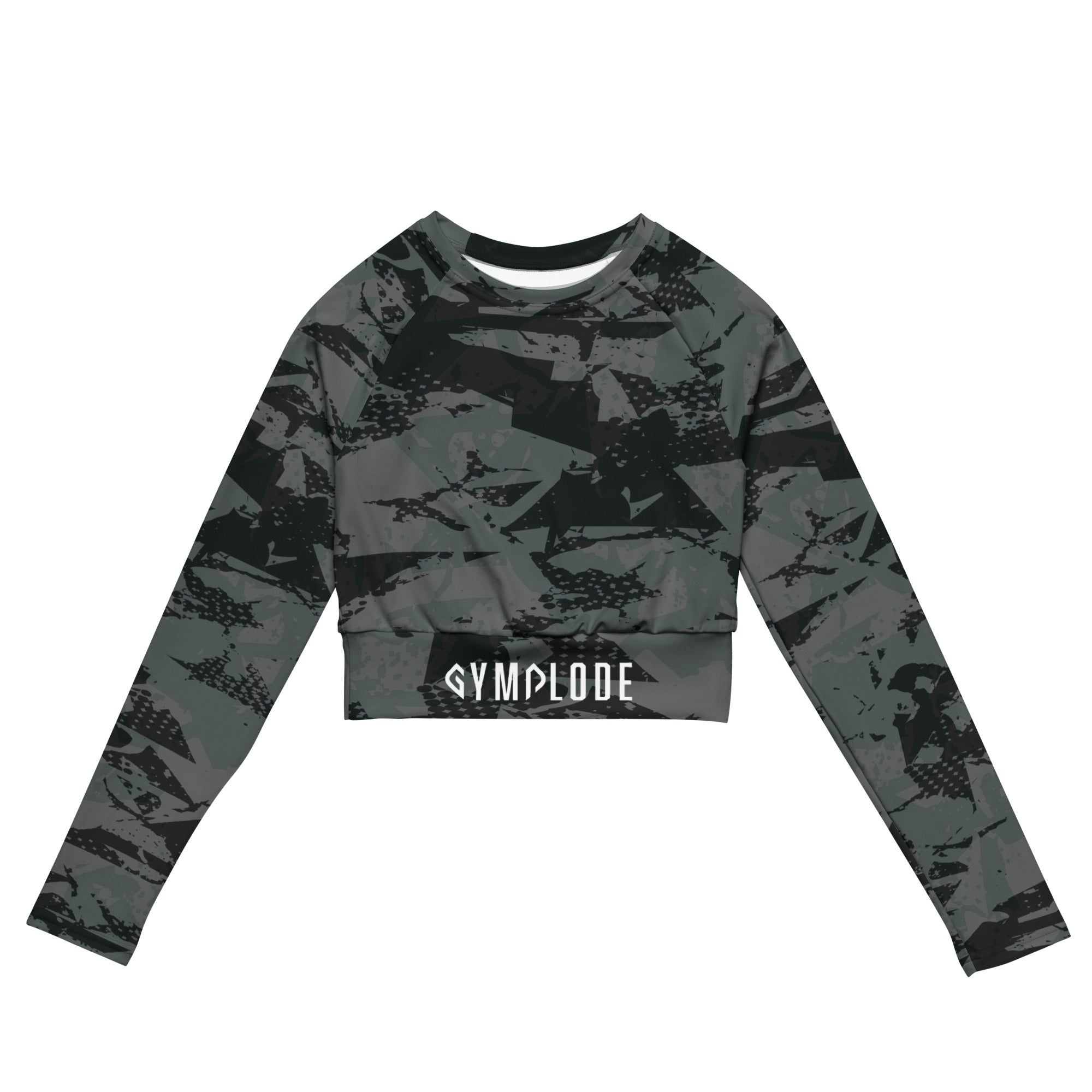 Womens Ashen long sleeve sports crop top with Gymplode sig logo, front view