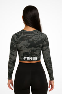 Womens Ashen long sleeve sports crop top with Gymplode sig logo, back view with model