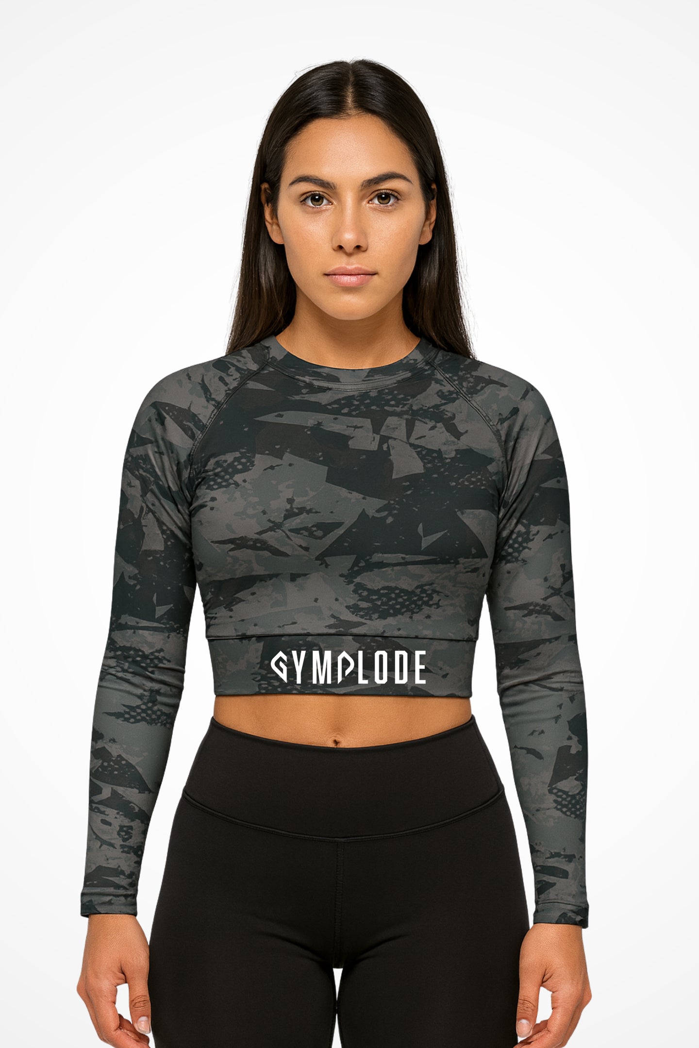 Womens Ashen long sleeve sports crop top with Gymplode sig logo, front view with model