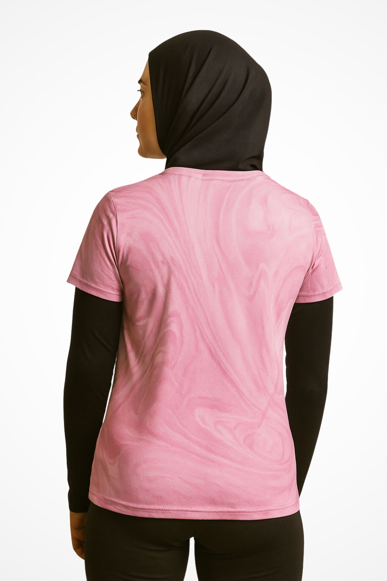 Womens Gymplode Aurora Pink regular fit sports t-shirt with no print, back view with model