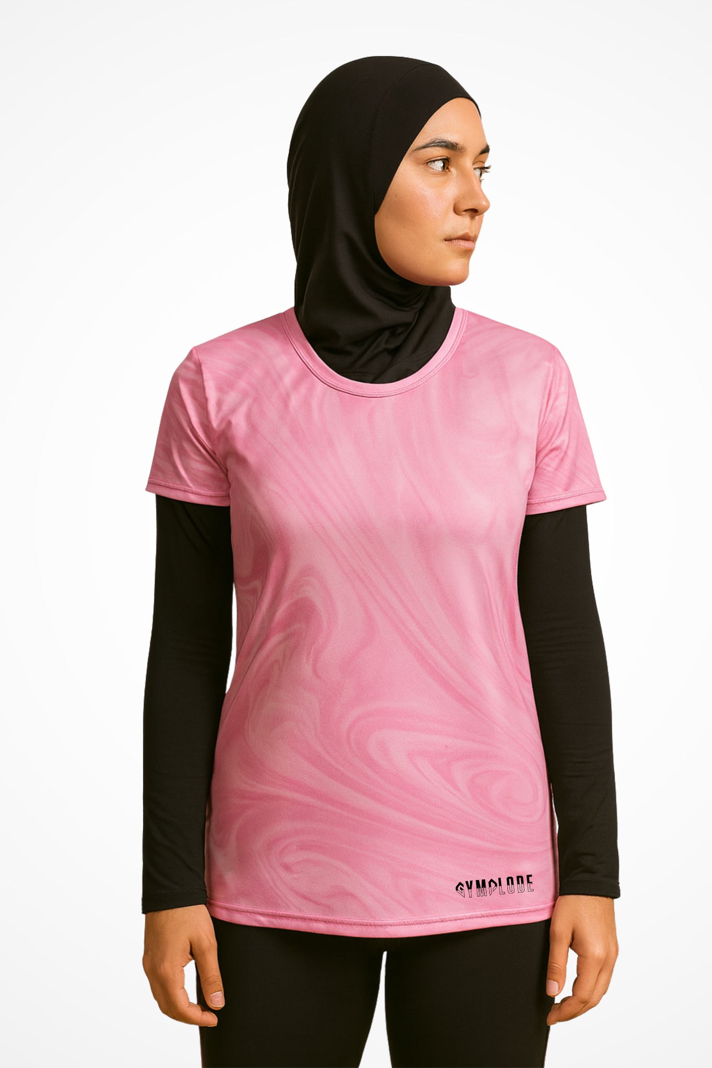Womens Aurora Pink regular fit sports t-shirt with Gymplode signature logo, front view with model