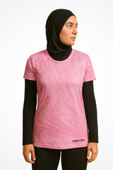 Womens Aurora Pink regular fit sports t-shirt with Gymplode signature logo, front view with model