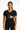 Womens Be Happy Be Loved Be Fit V-neck tee with Gymplode icon print, front view with model