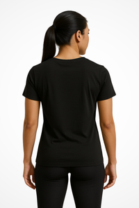 Womens Be Happy Be Loved Be Fit Gymplode V-neck tee with no print, back view with model