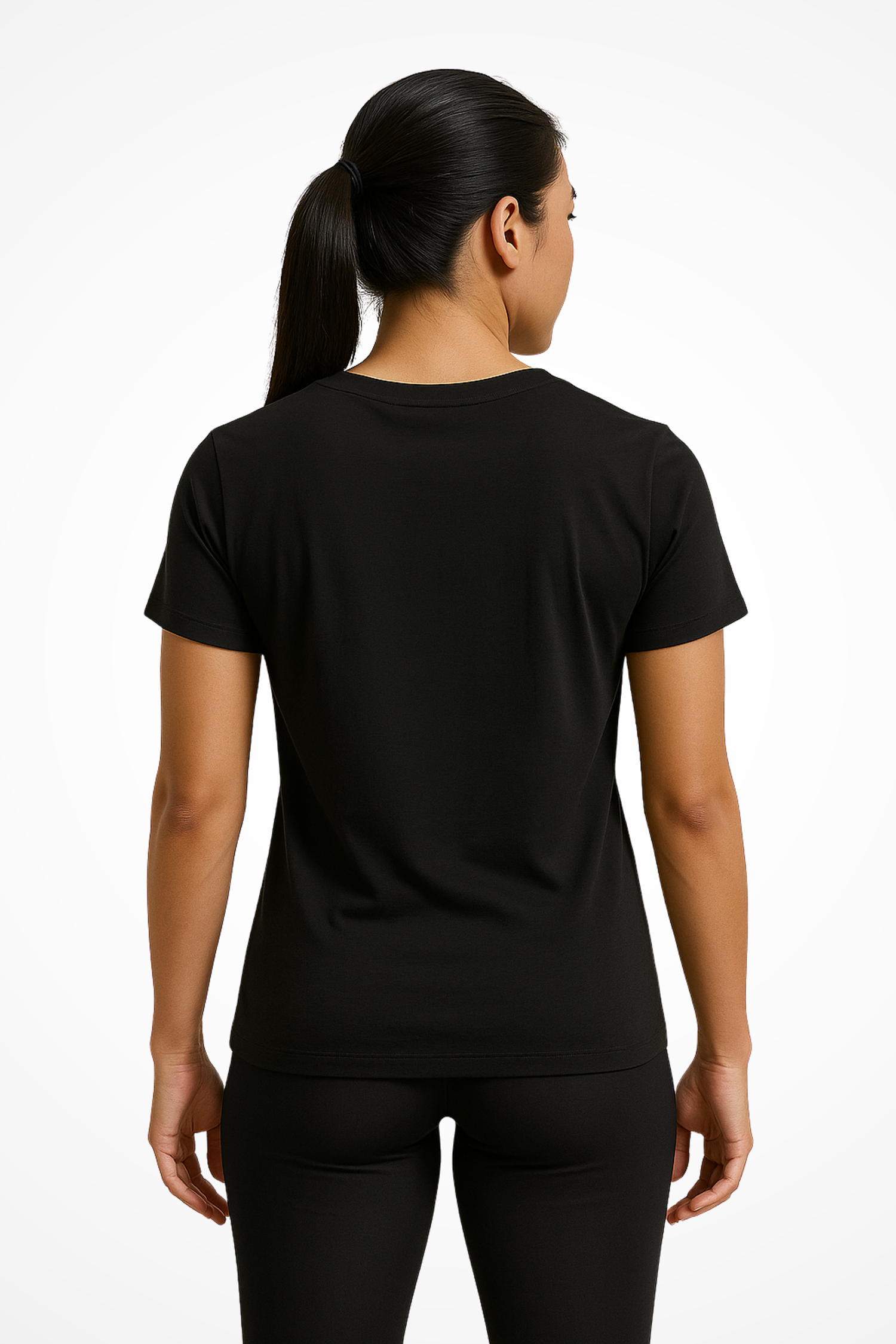 Womens Be Happy Be Loved Be Fit Gymplode V-neck tee with no print, back view with model