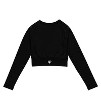 Womens Black long sleeve sports crop top with Gymplode icon logo, back view