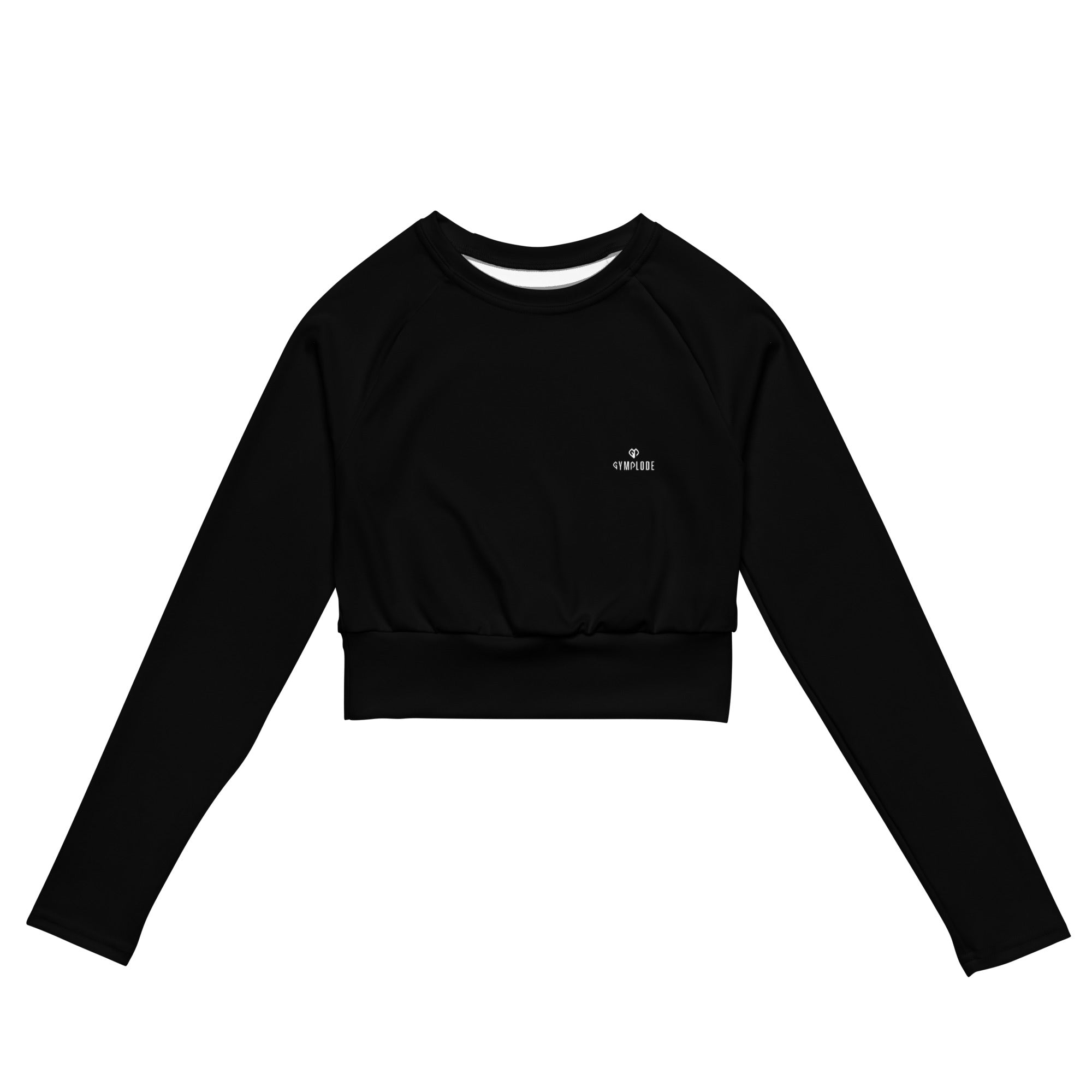 Womens Black long sleeve sports crop top with Gymplode dual mark, front view