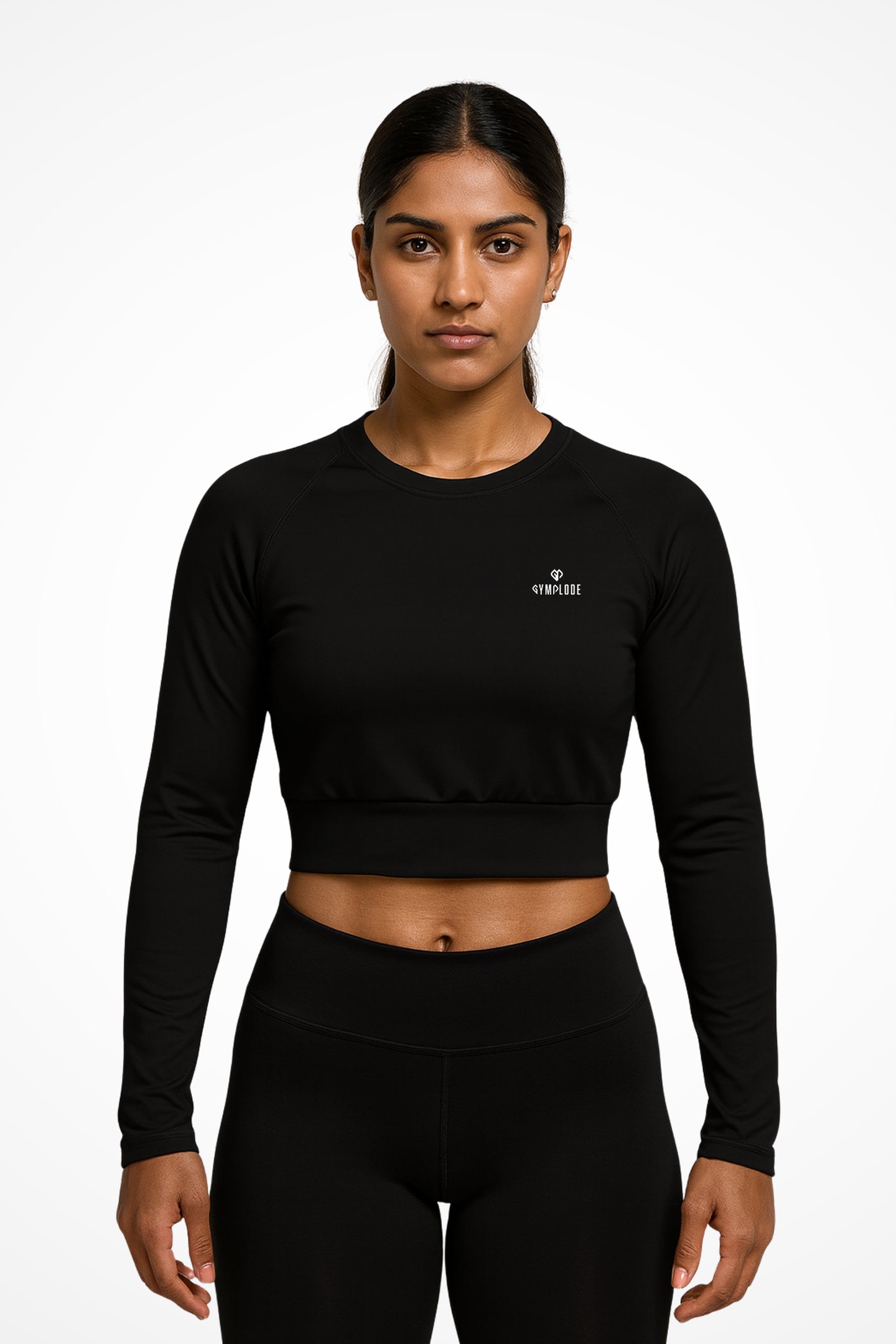 Womens Black long sleeve sports crop top with Gymplode dual mark, front view with model
