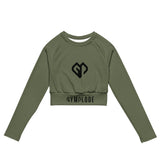 Womens Khaki long sleeve sports crop top with Gymplode dual mark, front view