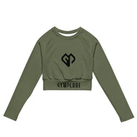 Womens Khaki long sleeve sports crop top with Gymplode dual mark, front view