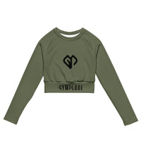 Womens Khaki long sleeve sports crop top with Gymplode dual mark, front view