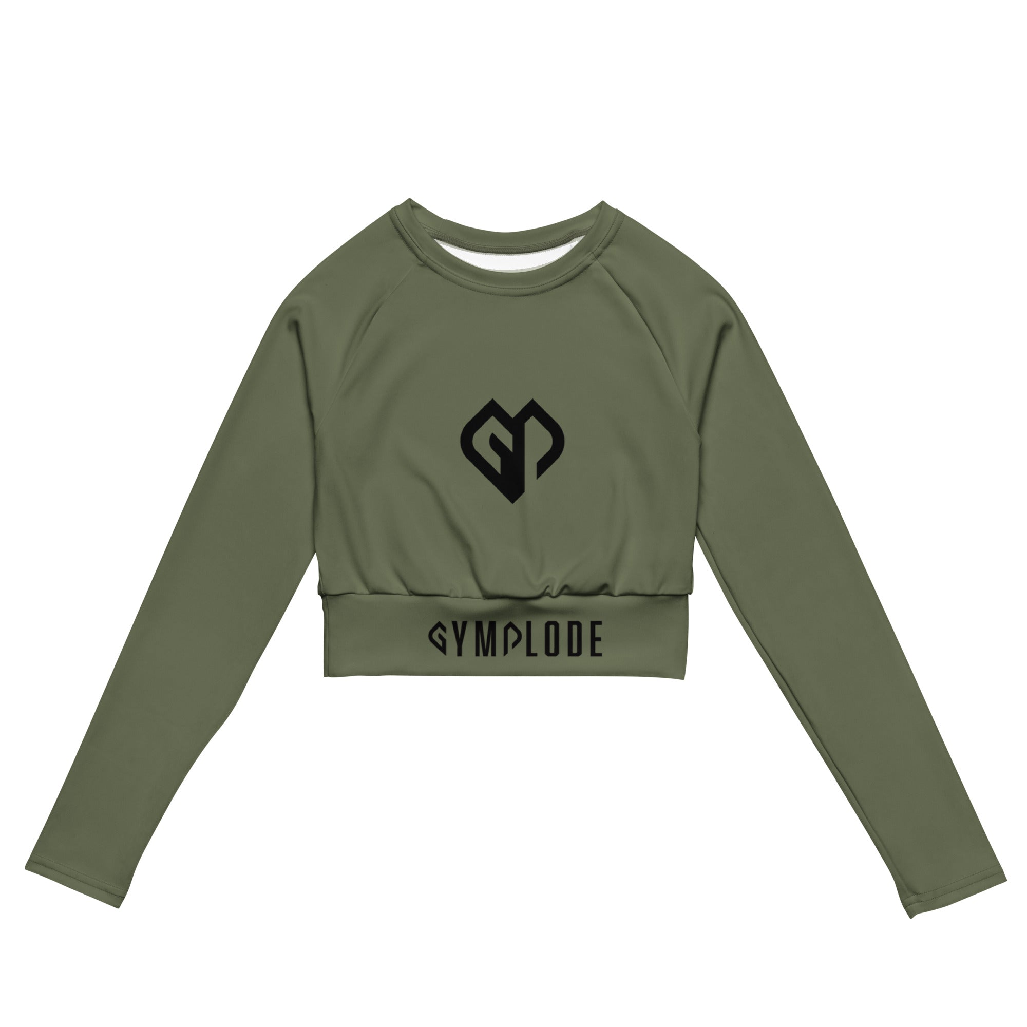Womens Khaki long sleeve sports crop top with Gymplode dual mark, front view