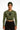 Womens Khaki long sleeve sports crop top with Gymplode dual mark, front view with model